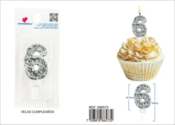 Vela de cumpleaños número 6 plateada 8.5 cm