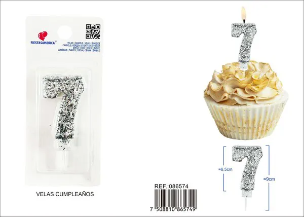 Vela de cumpleaños número 7 plateada 8.5 cm