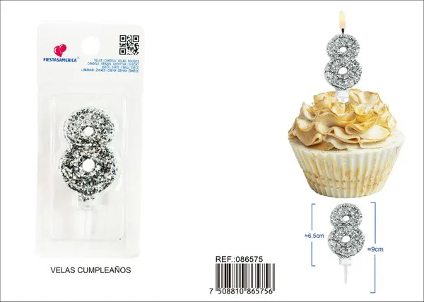Vela de cumpleaños número 8 plateada 8.5 cm