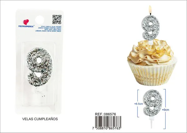Vela de cumpleaños número 9 plateada 8.5 cm
