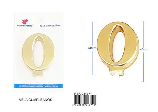 Vela de cumpleaños número 0 dorada 8 cm