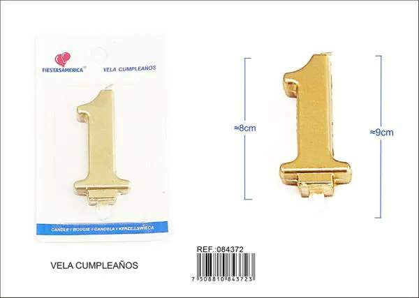 Vela de cumpleaños número 1 dorada 8 cm