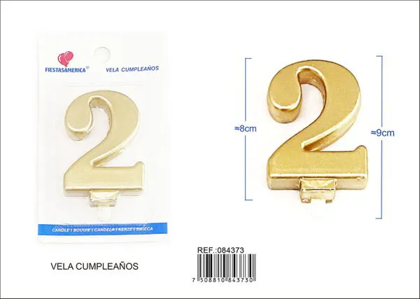 Vela de cumpleaños número 2 dorada 8 cm