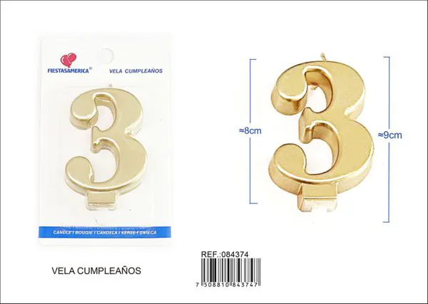 Vela de cumpleaños número 3 dorada 8 cm