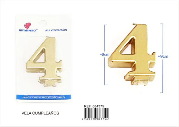 Vela de cumpleaños número 4 dorada 8 cm
