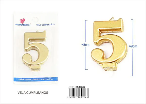 Vela de cumpleaños número 5 dorada 8 cm