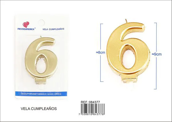 Vela de cumpleaños número 6 dorada 8 cm