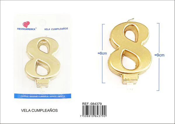 Vela de cumpleaños número 8 dorada 8 cm