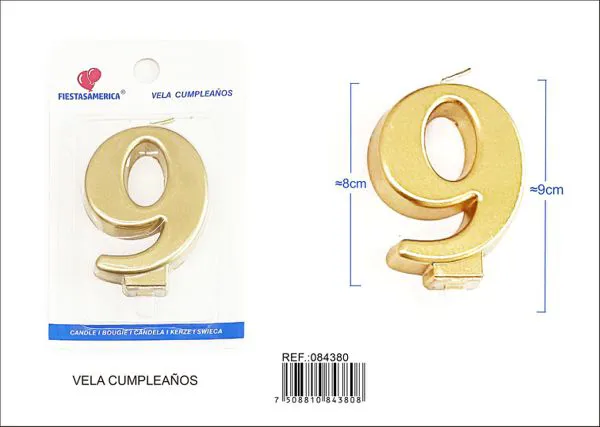 Vela de cumpleaños número 9 dorada 8 cm