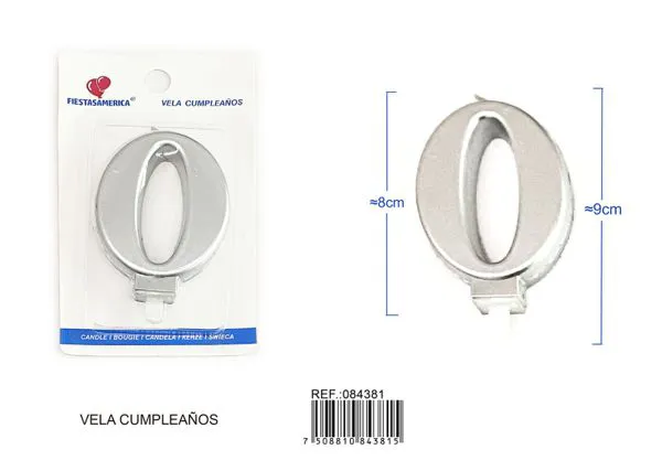 Vela de cumpleaños número 0 plateada 8 cm