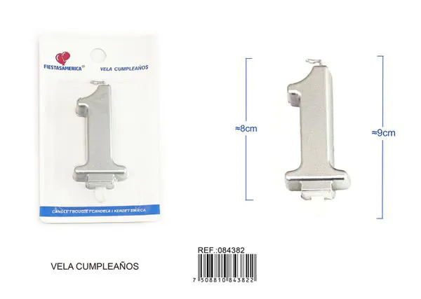 Vela de cumpleaños número 1 plateada 8 cm