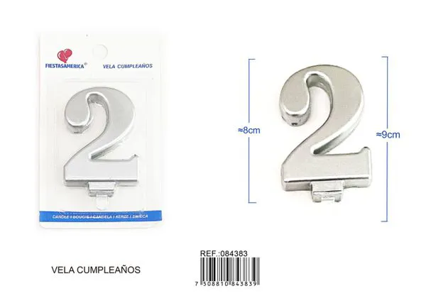 Vela de cumpleaños número 2 plateada 8 cm