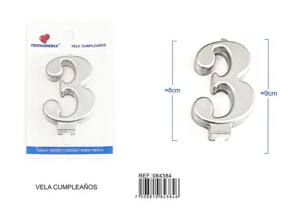 Vela de cumpleaños número 3 plateada 8 cm