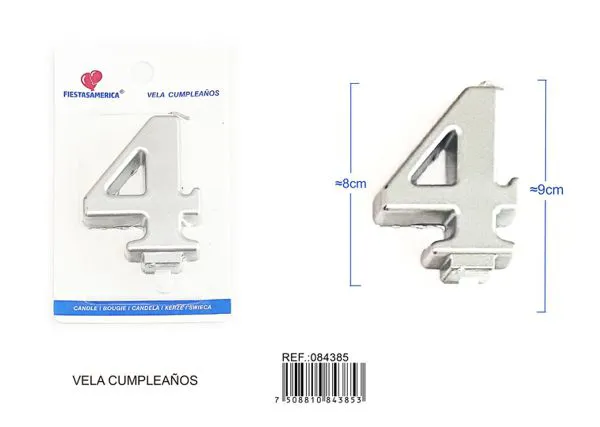 Vela de cumpleaños número 4 plateada 8 cm