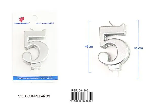 Vela de cumpleaños número 5 plateada 8 cm
