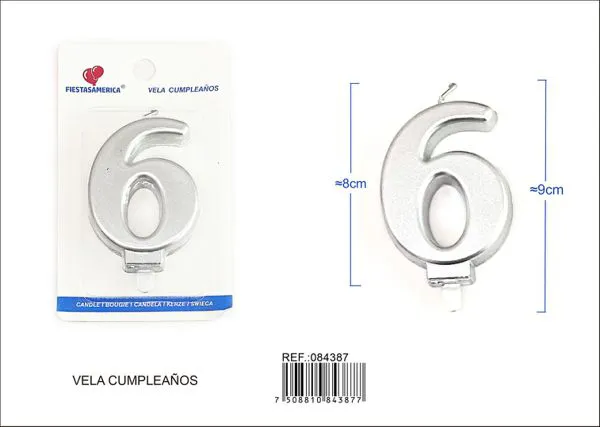Vela de cumpleaños número 6 plateada 8 cm