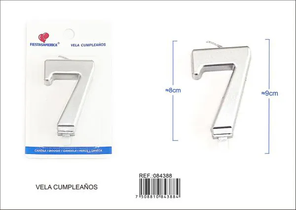 Vela de cumpleaños número 7 plateada 8 cm