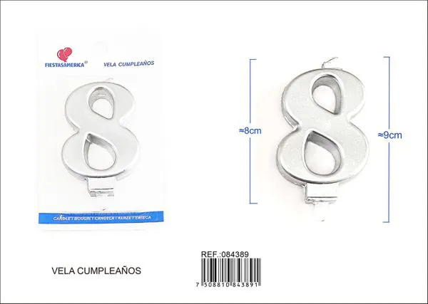 Vela de cumpleaños número 8 plateada 8 cm