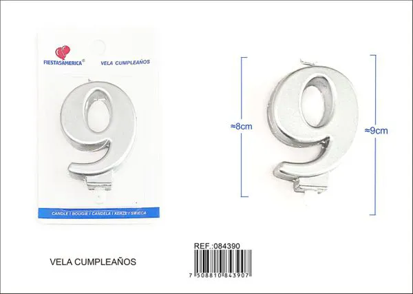 Vela de cumpleaños número 9 plateada 8 cm