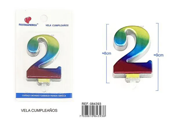 Vela de cumpleaños número 2 degradado 8 cm