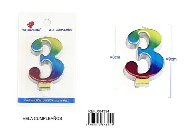 Vela de cumpleaños número 3 degradado 8 cm