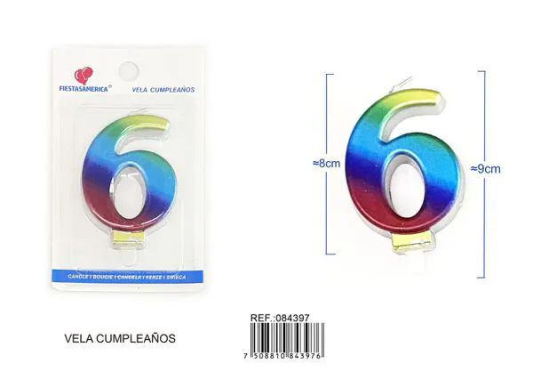 Vela de cumpleaños número 6 degradado 8 cm