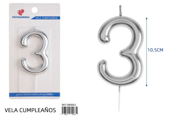 Vela de cumpleaños número 3 plateada
