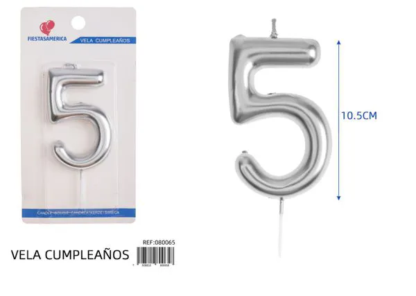 Vela de cumpleaños número 5 plateada