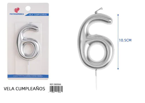 Vela de cumpleaños número 6 plateada