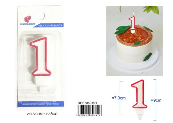Vela de cumpleaños número 1 con borde rojo 9 cm