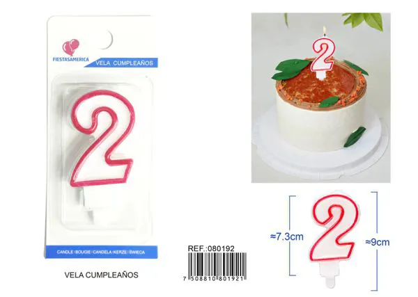 Vela de cumpleaños número 2 con borde rojo 9 cm