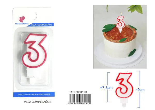 Vela de cumpleaños número 3 con borde rojo 9 cm