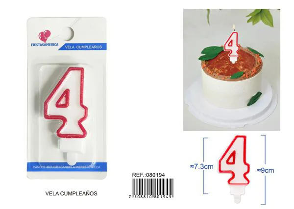 Vela de cumpleaños número 4 con borde rojo 9 cm