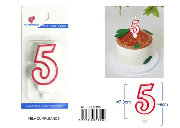 Vela de cumpleaños número 5 con borde rojo 9 cm