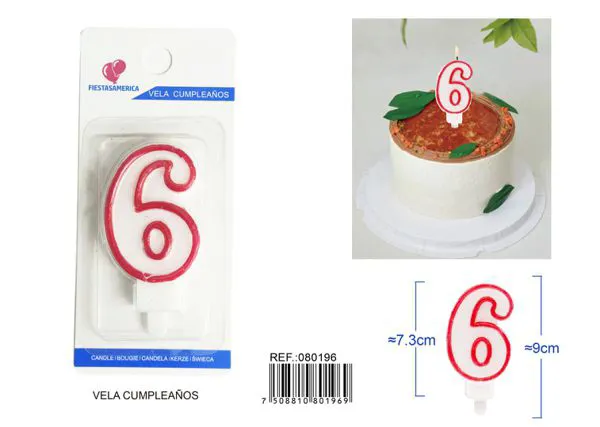 Vela de cumpleaños número 6 con borde rojo 9 cm