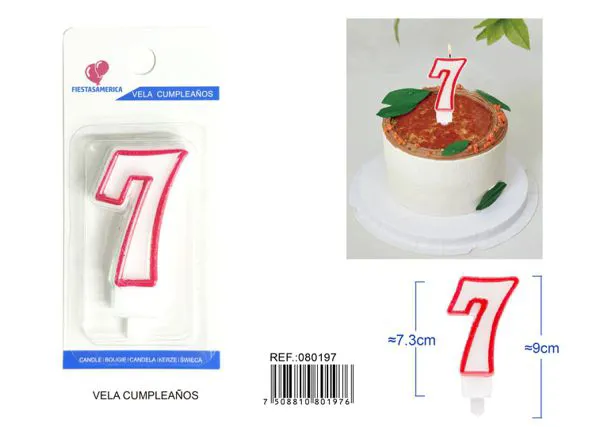 Vela de cumpleaños número 7 con borde rojo 9 cm