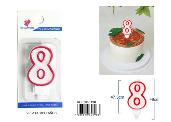 Vela de cumpleaños número 8 con borde rojo 9 cm
