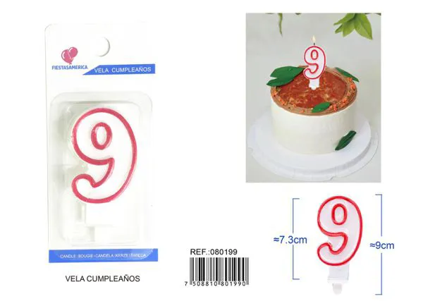 Vela de cumpleaños número 9 con borde rojo 9 cm