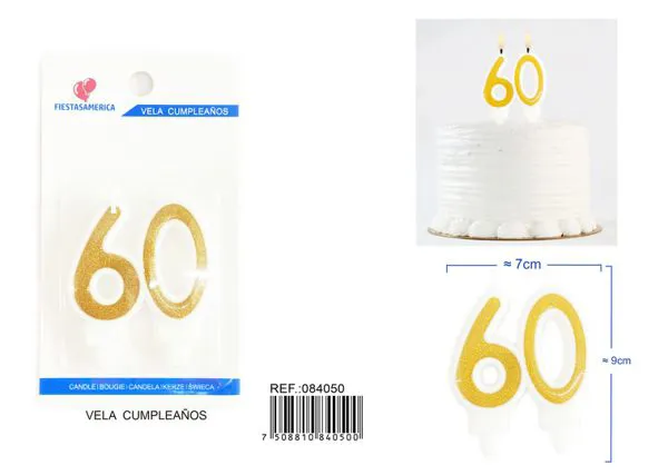 Vela de cumpleaños número 60 dorada unida 8 cm