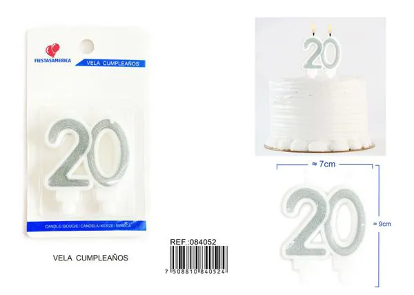 Vela de cumpleaños número 20 plateada unida 8 cm