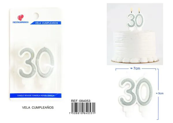 Vela de cumpleaños número 30 plateada unida 8 cm
