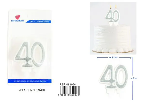 Vela de cumpleaños número 40 plateada unida 8 cm