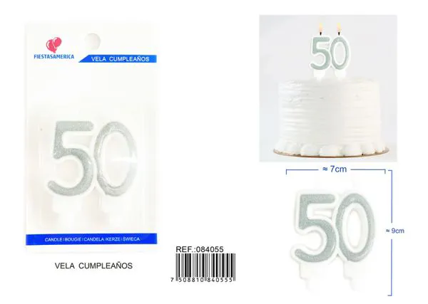 Vela de cumpleaños número 50 plateada unida 8 cm
