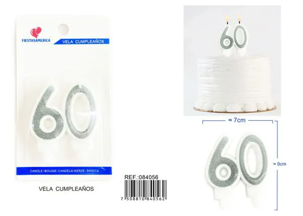 Vela de cumpleaños número 60 plateada unida 8 cm