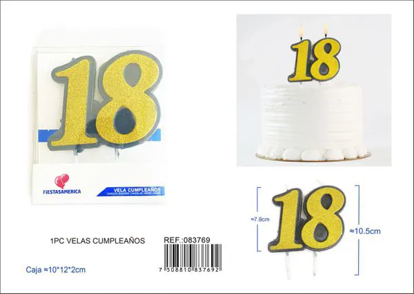 Vela de cumpleaños número 18 con escarcha dorada con borde negro unida