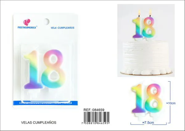 Vela de cumpleaños número 18 arcoíris unida