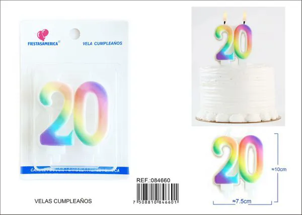 Vela de cumpleaños número 20 arcoíris unida