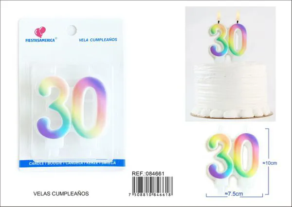 Vela de cumpleaños número 30 arcoíris unida