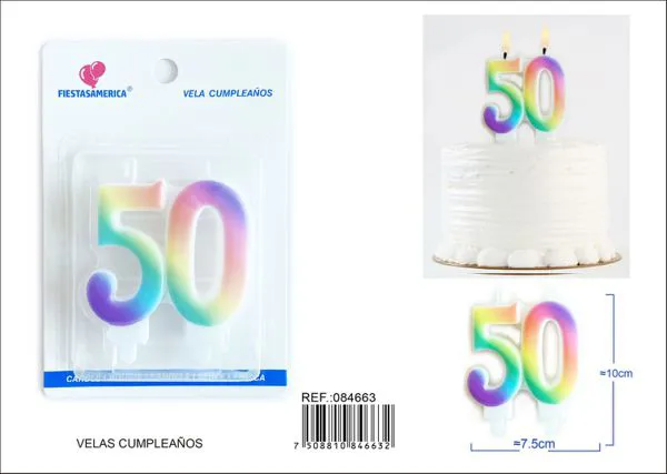 Vela de cumpleaños número 50 arcoíris unida