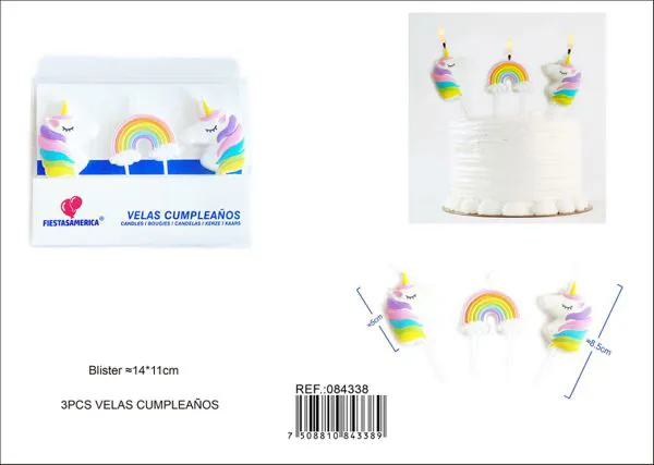 Vela de cumpleaños de unicornio y arcoíris (3 piezas)